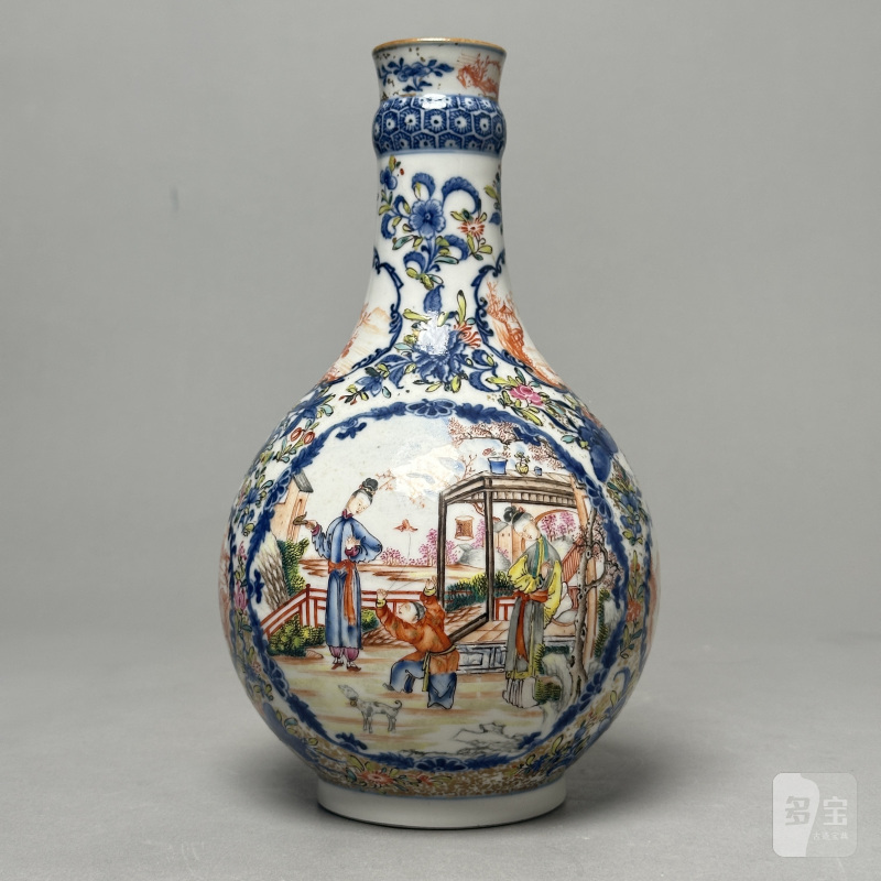清乾隆 青花粉彩人物纹蒜头瓶 - 图4